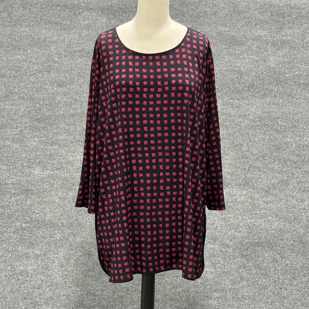 Susan Graver Shirt Womens 3X Black Pink Geometric Tunic 3/4 Sleeve Scoop Neck